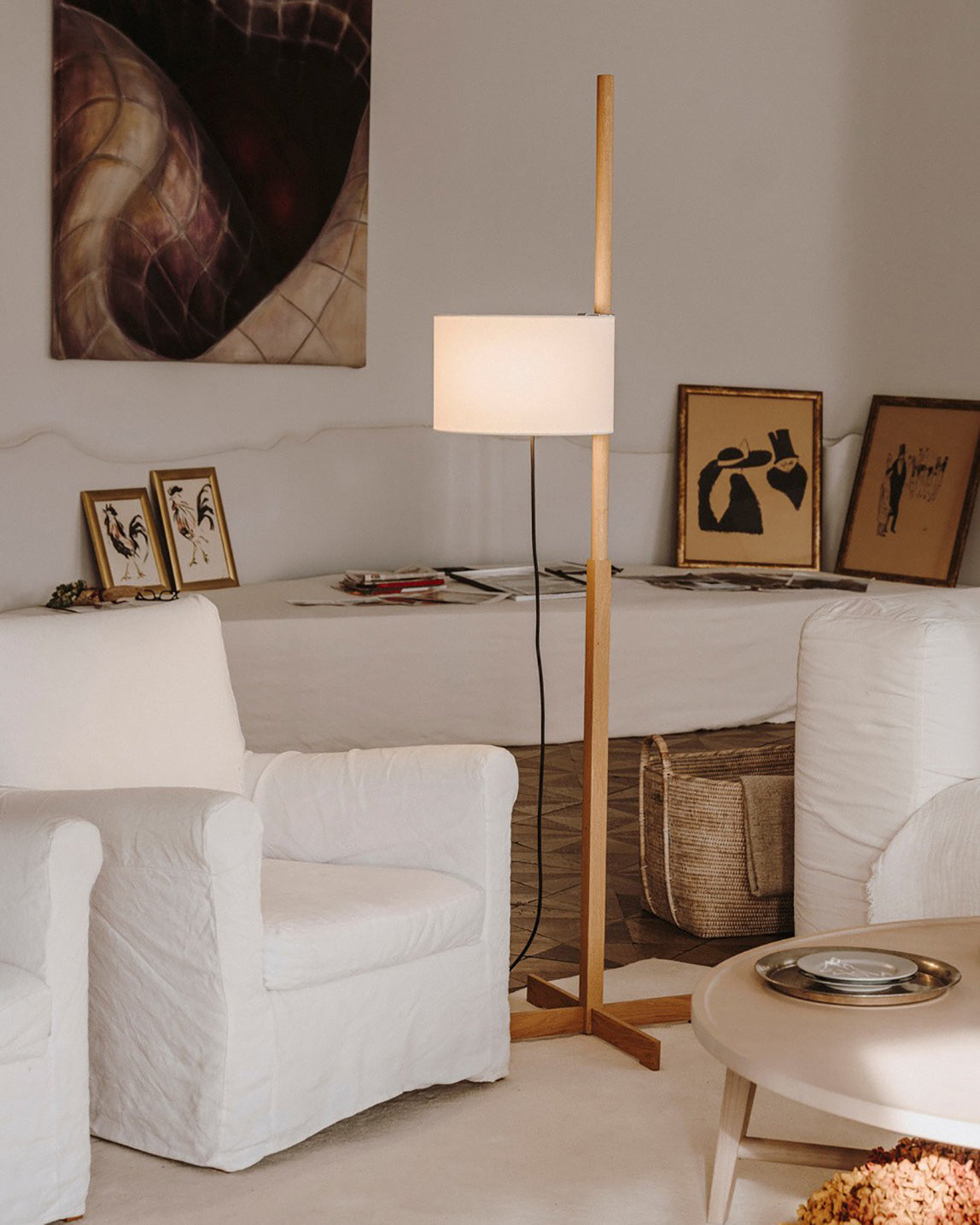 Wooden Floor Lamp with Fabric Shade