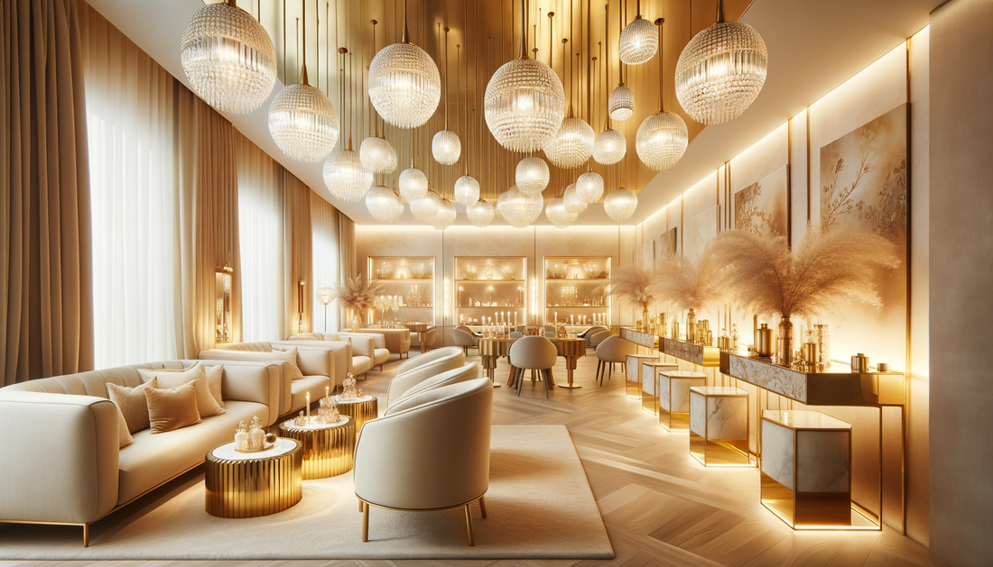 salon contemporain avec suspensions lumineuses dorées créant une atmosphère élégante et accueillante