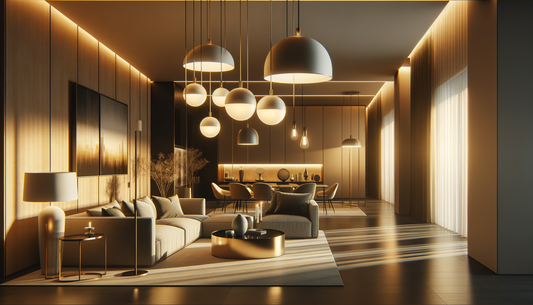 salon moderne éclairé par des luminaires design aux lignes épurées et ambiance lumineuse
