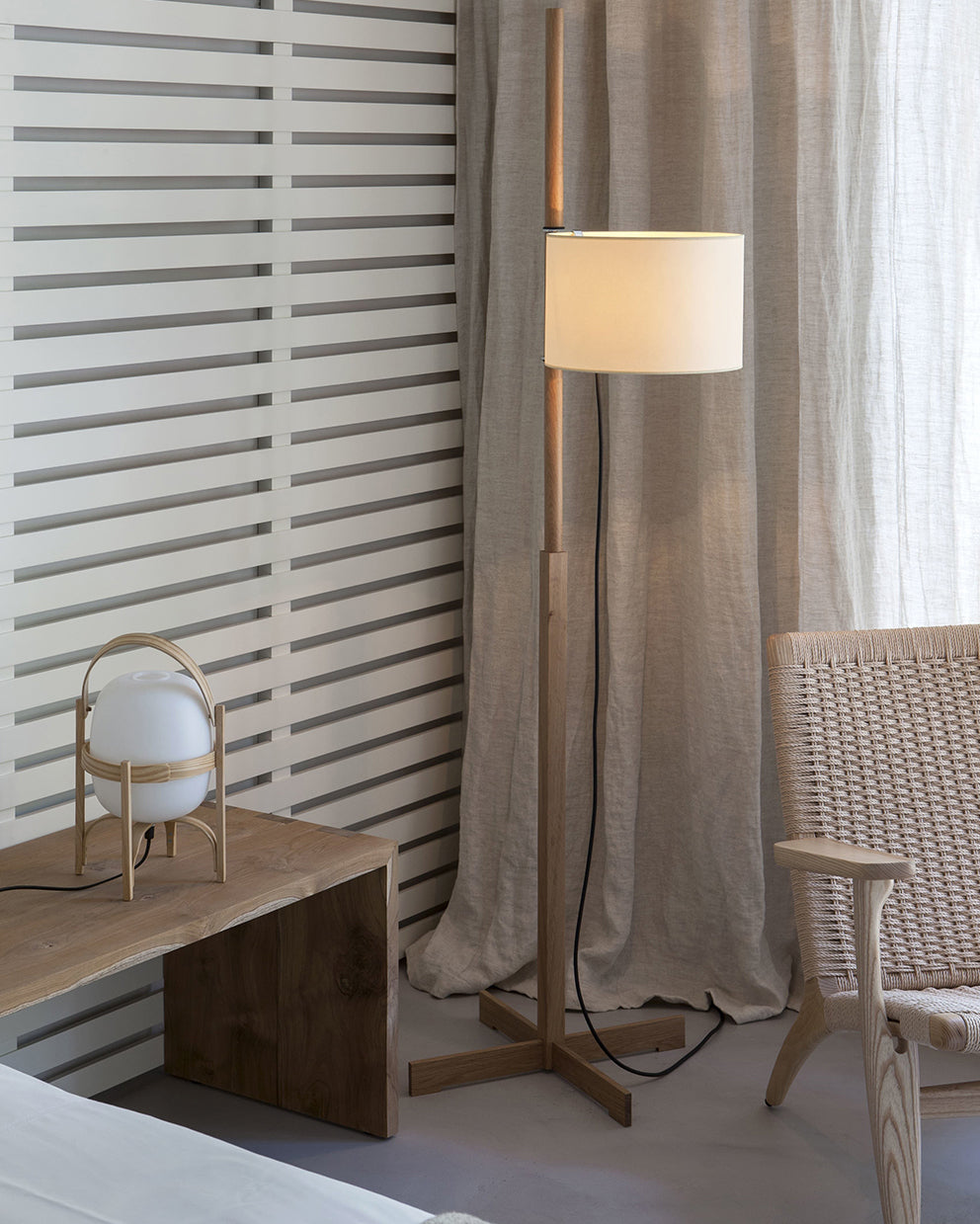 Wooden Floor Lamp with Fabric Shade