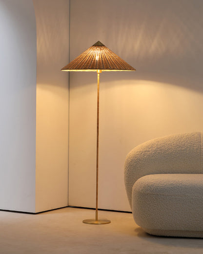 Conical Rattan and Fabric Floor Lamp