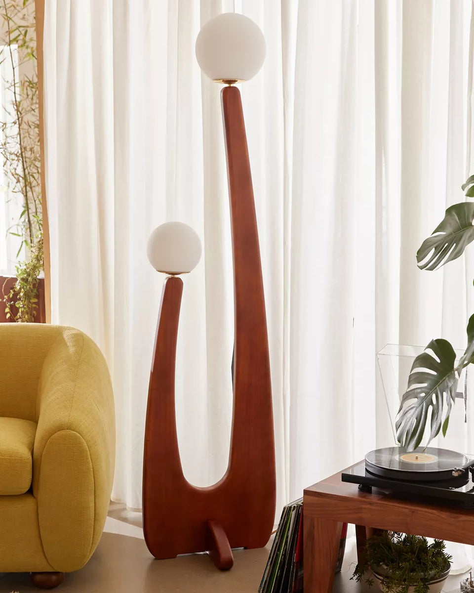 Sculptural Floor Lamp in Walnut and Glass