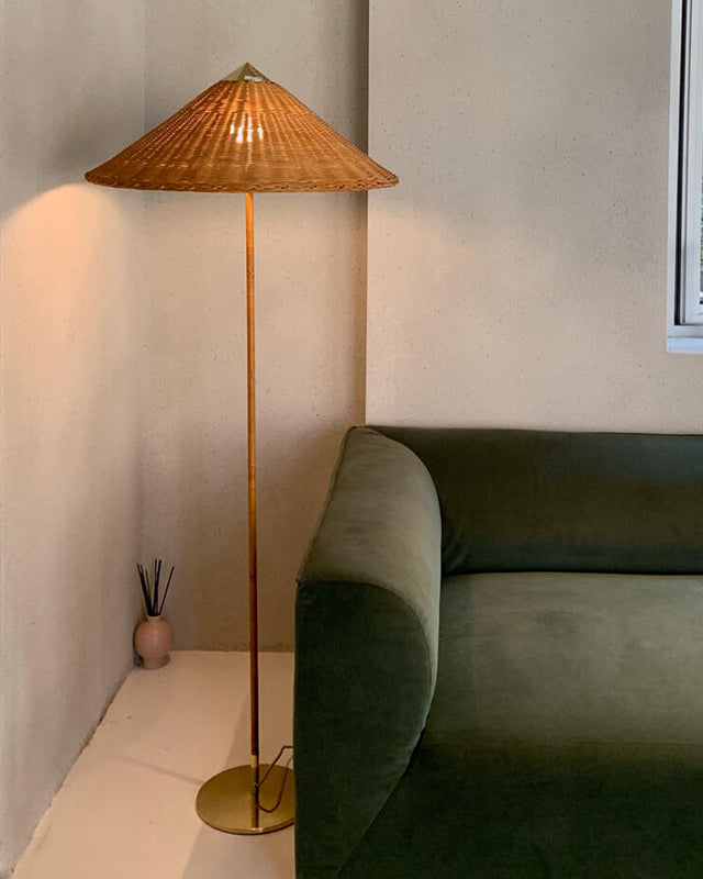 Conical Rattan and Fabric Floor Lamp
