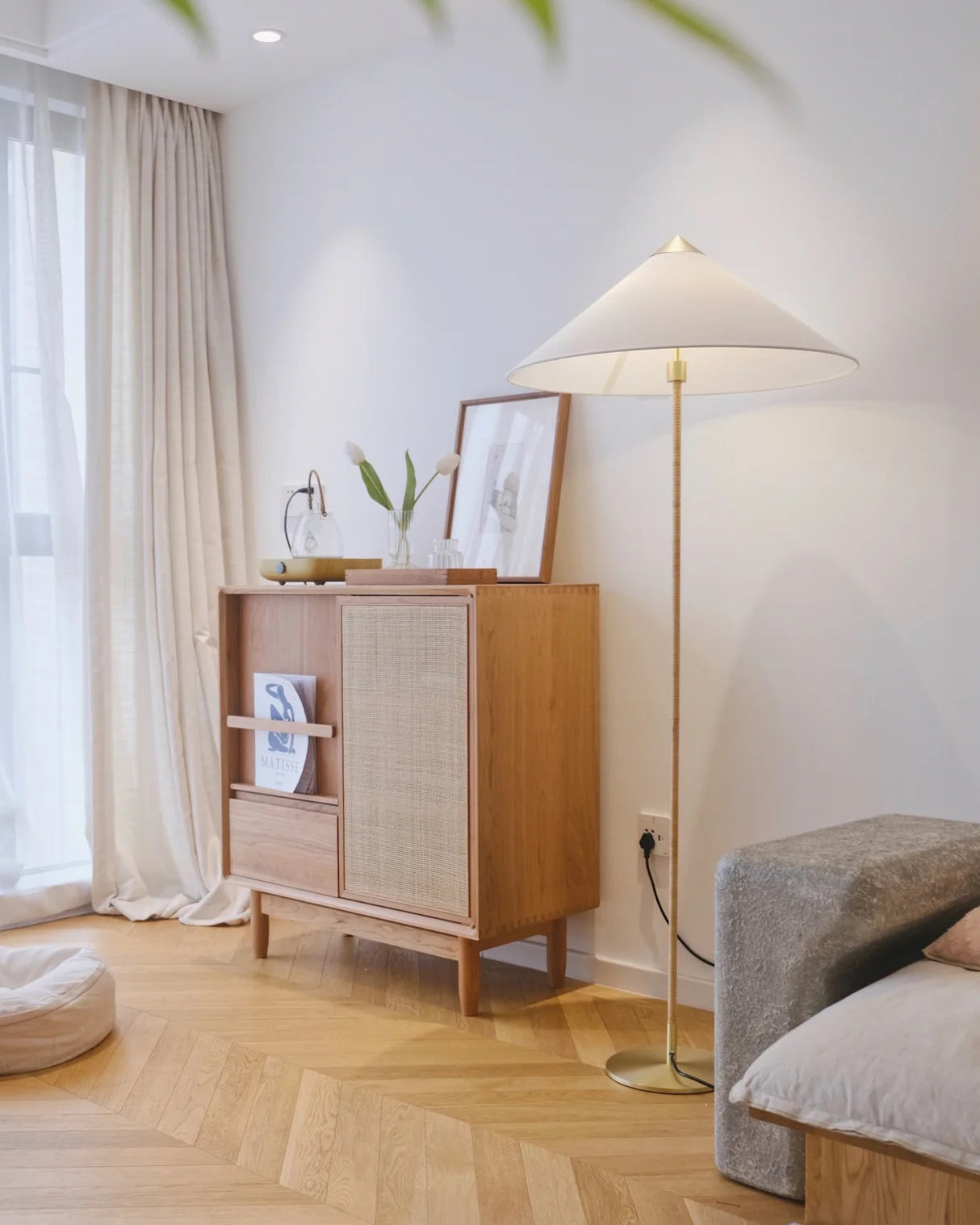 Conical Rattan and Fabric Floor Lamp