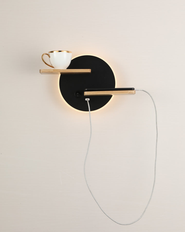Round Wall Light with Shelf and USB Port
