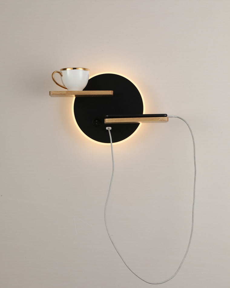 Round Wall Light with Shelf and USB Port