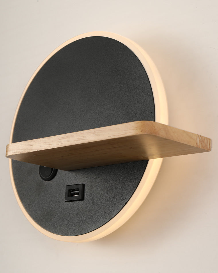 Round Wall Light with Shelf and USB Port