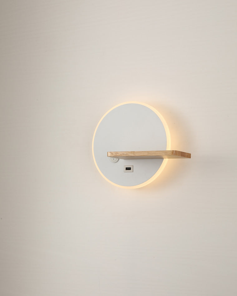 Round Wall Light with Shelf and USB Port