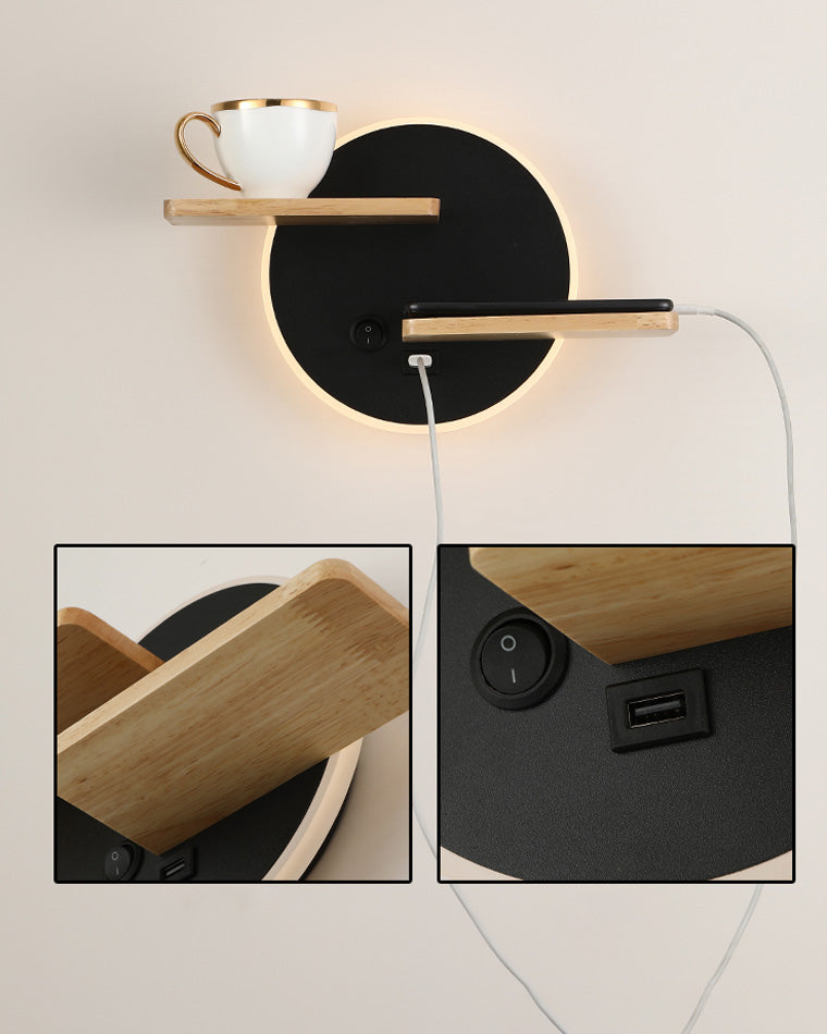 Round Wall Light with Shelf and USB Port
