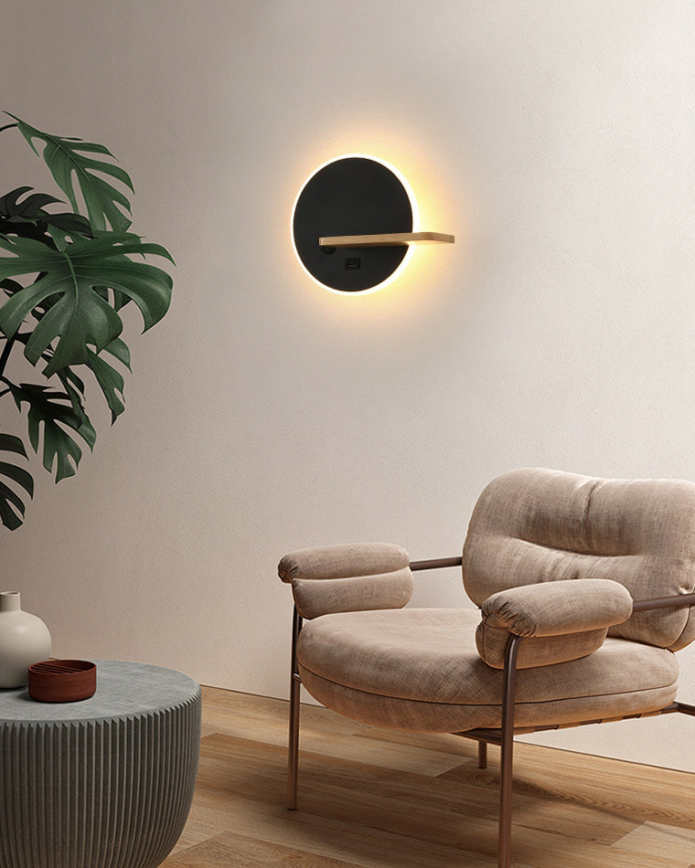 Round Wall Light with Shelf and USB Port