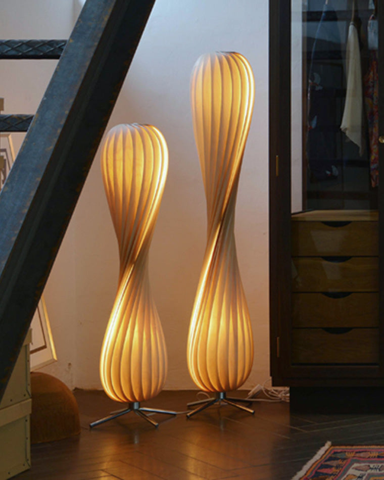 Twisted Tower Wooden Floor Lamp - Carved Elegance