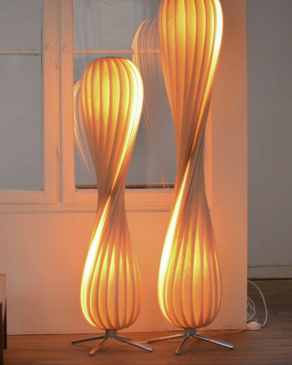 Twisted Tower Wooden Floor Lamp - Carved Elegance