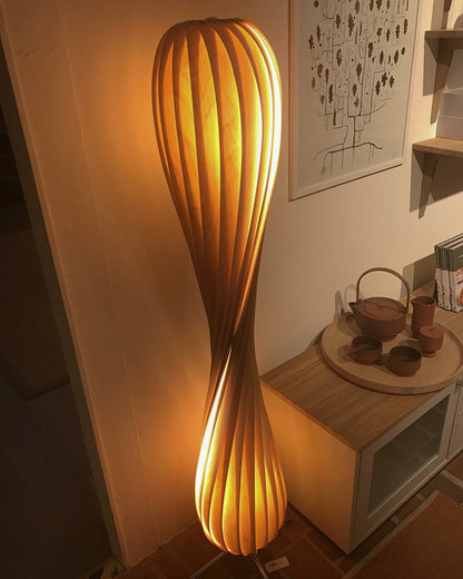 Twisted Tower Wooden Floor Lamp - Carved Elegance