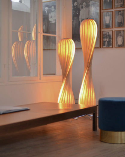 Twisted Tower Wooden Floor Lamp - Carved Elegance