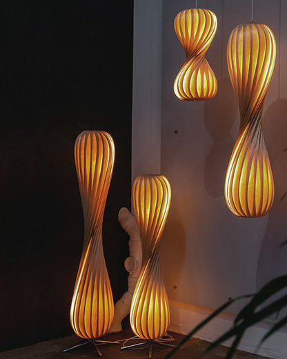 Twisted Tower Wooden Floor Lamp - Carved Elegance