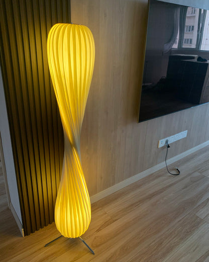 Twisted Tower Wooden Floor Lamp - Carved Elegance