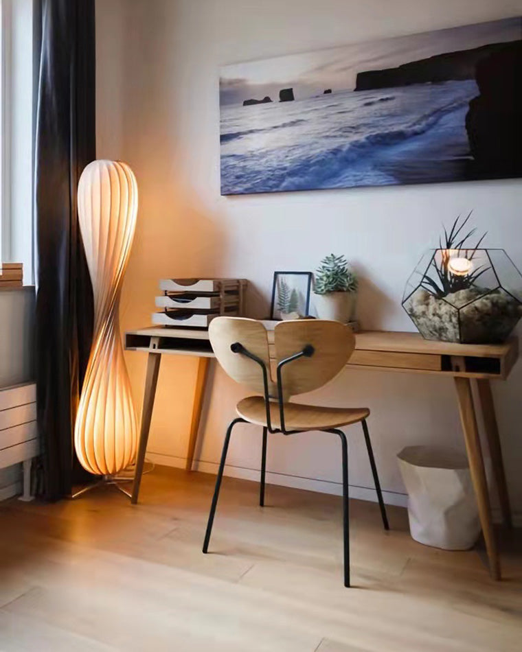 Twisted Tower Wooden Floor Lamp - Carved Elegance