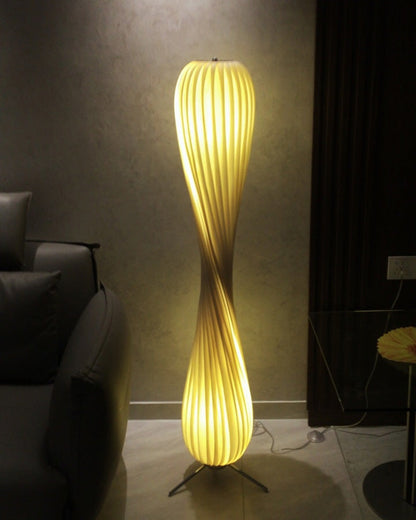 Twisted Tower Wooden Floor Lamp - Carved Elegance