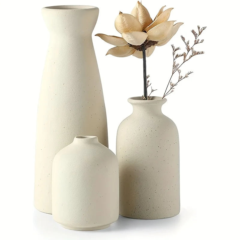 Ensemble de 3 Vases en Céramique Blanc pour Décoration Maison – Style Rustique et Moderne