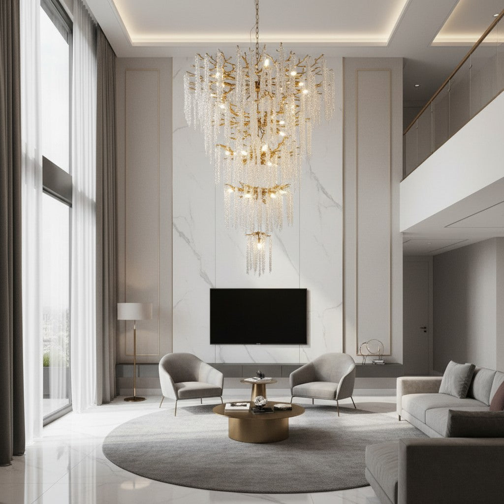 Grand Lustre en Escalier Avec Suspensions en Cristal
