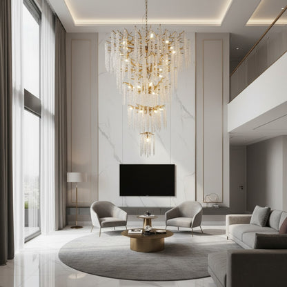 Grand Lustre en Escalier Avec Suspensions en Cristal