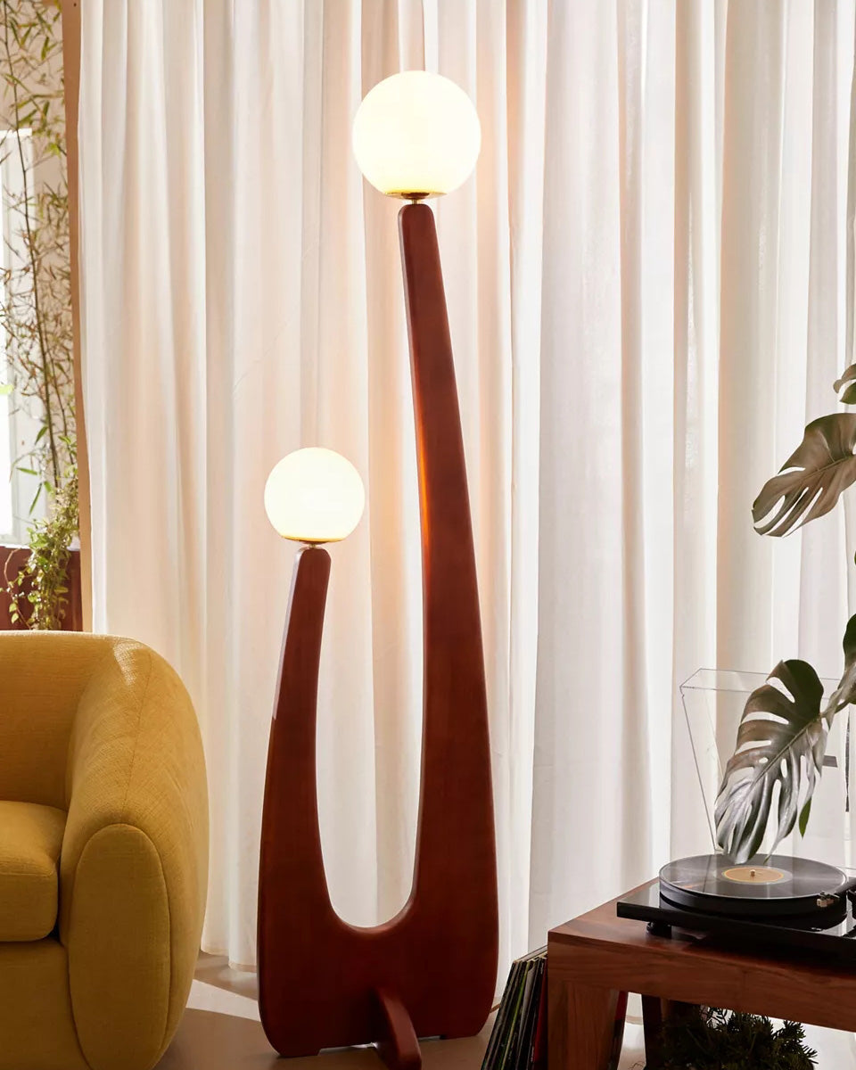 Lampadaire Sculptural en Noyer et Verre