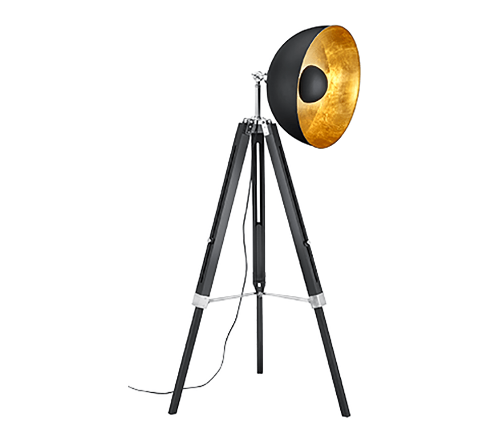 Lampadaire Trépied Retro Industriel Noir et Dore