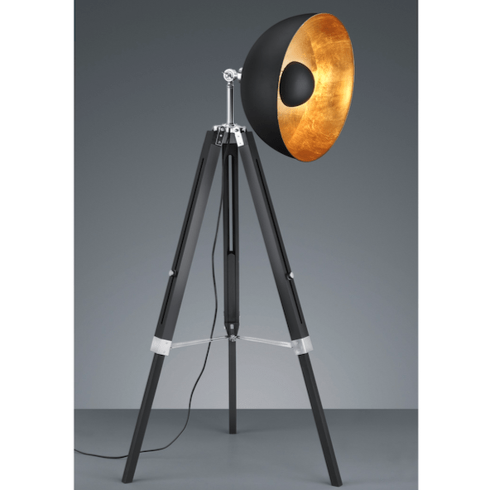 Lampadaire Trépied Retro Industriel Noir et Dore