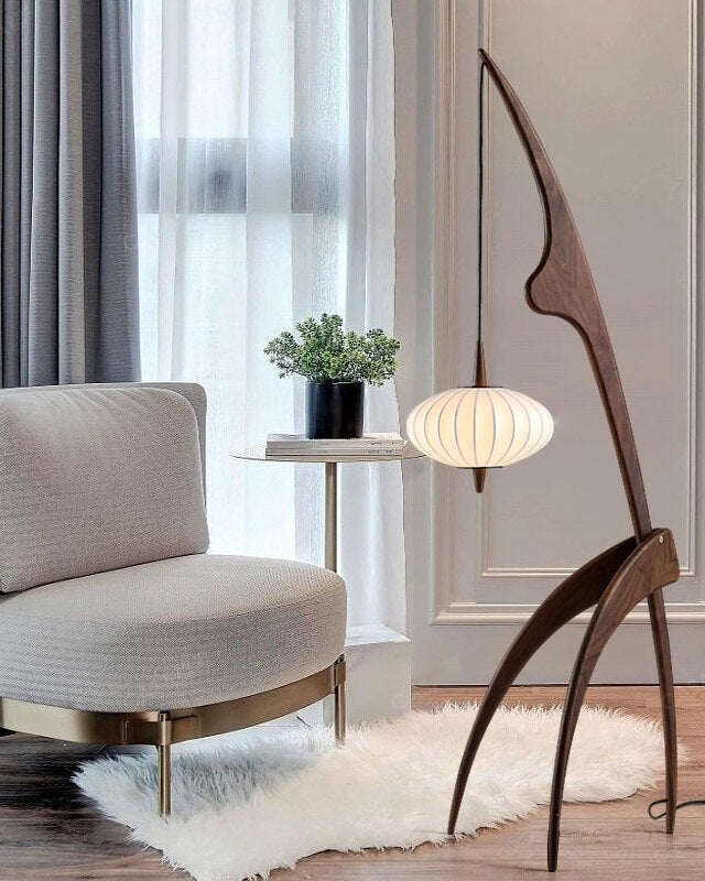 Lampadaire Trépied en Bois avec Abat-Jour Soucoupe
