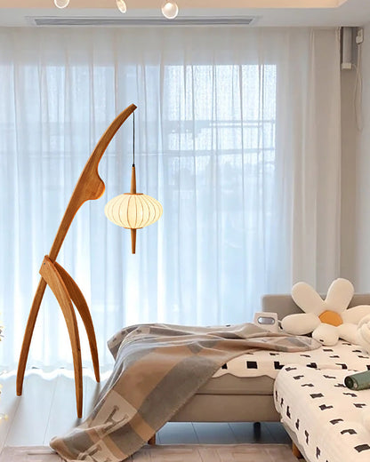 Lampadaire Trépied en Bois avec Abat-Jour Soucoupe
