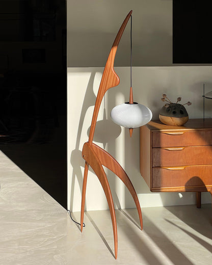 Lampadaire Trépied en Bois avec Abat-Jour Soucoupe