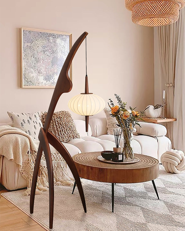 Lampadaire Trépied en Bois avec Abat-Jour Soucoupe