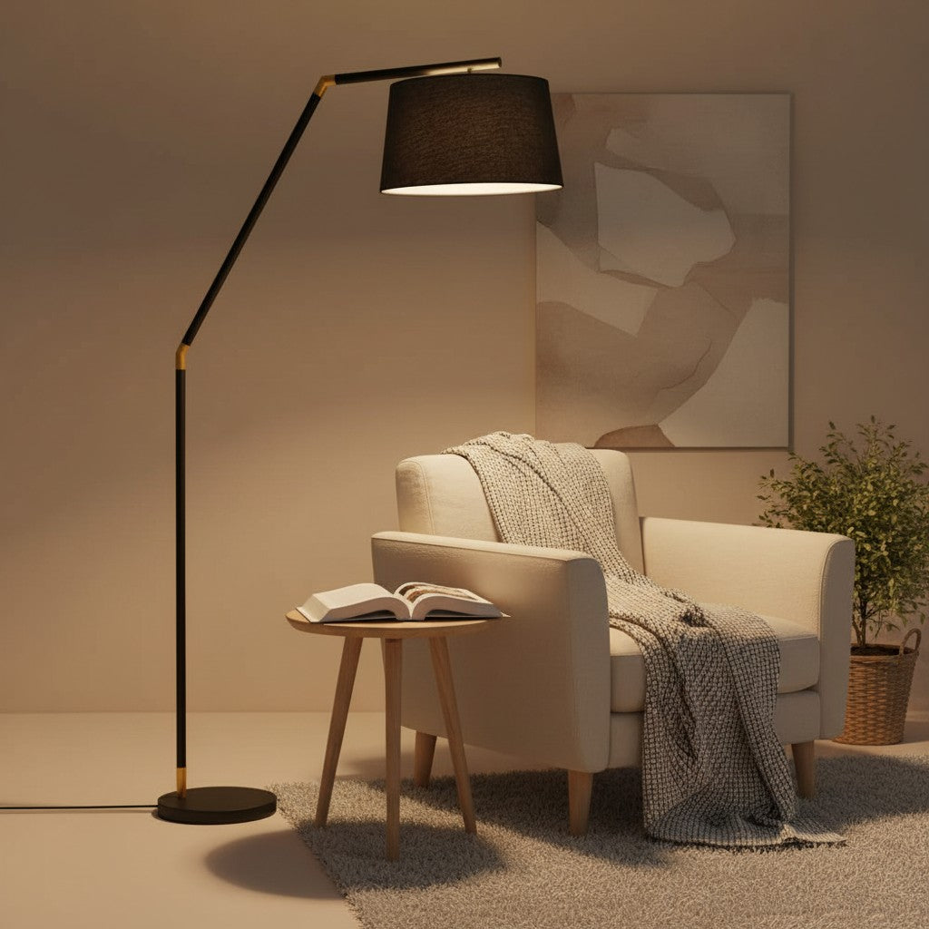 Lampadaire noir minimaliste avec abat jour en tissu