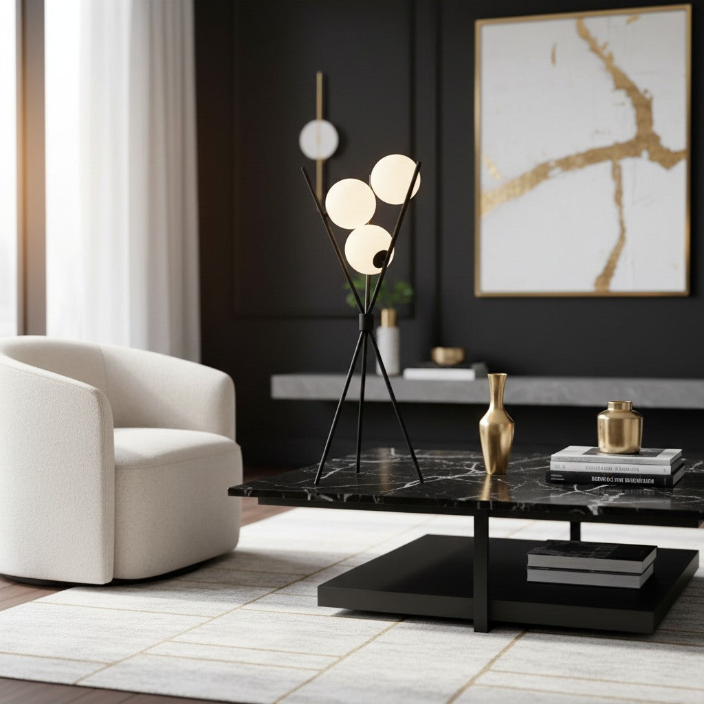 Lampadaires LED rétro noir et globes blancs