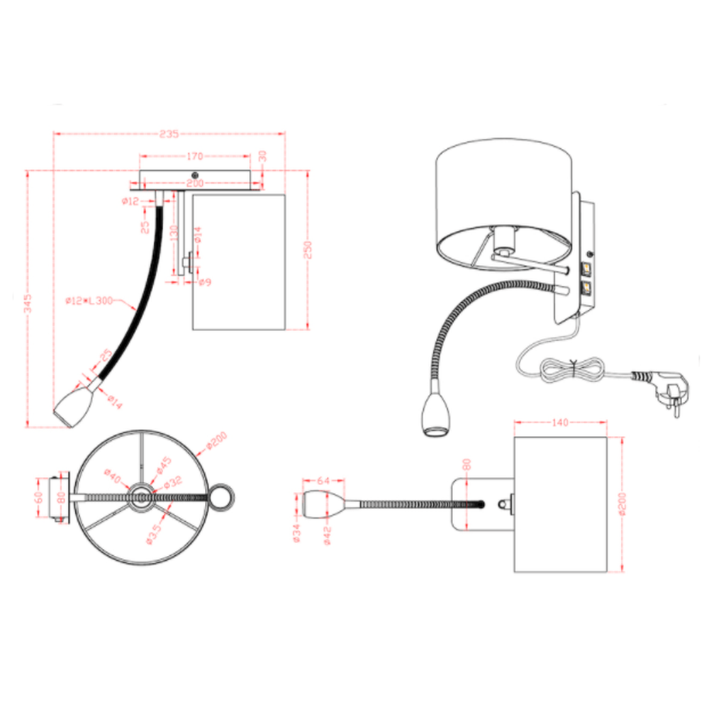 Lampe Murale Liseuse et Abat Jour Rond Noir - Style Moderne
