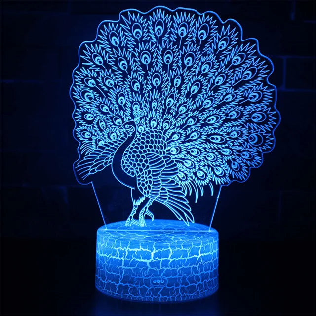 Lampe de Nuit Illusion 3D - Paon Enchanté