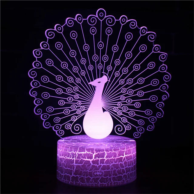 Lampe de Nuit Illusion 3D - Paon Enchanté