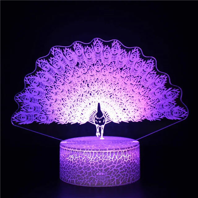 Lampe de Nuit Illusion 3D - Paon Enchanté