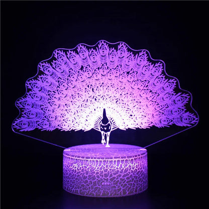 Lampe de Nuit Illusion 3D - Paon Enchanté