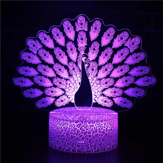 Lampe de Nuit Illusion 3D - Paon Enchanté