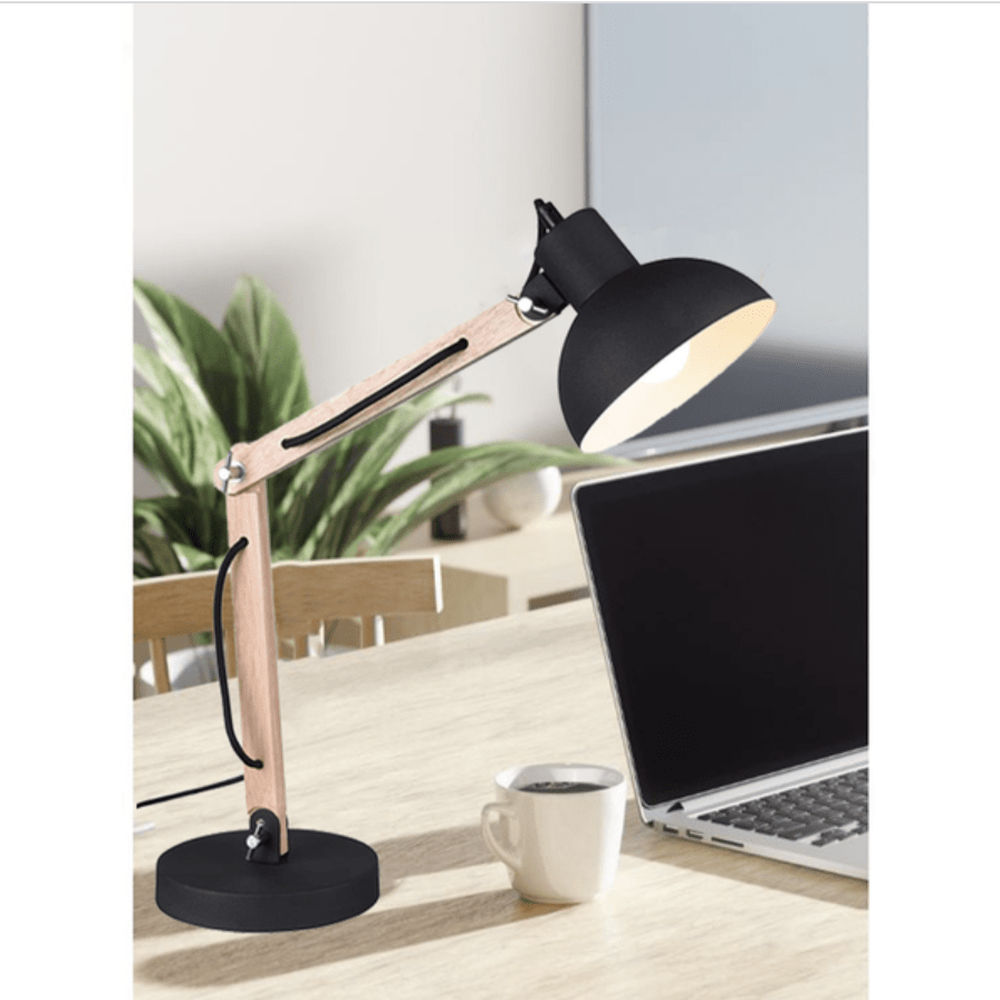 Lampe de Table Articulée en Bois et Finition Noire - Style Industriel