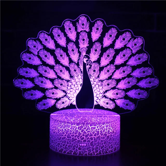Lampe de Nuit Illusion 3D - Paon Enchanté 0