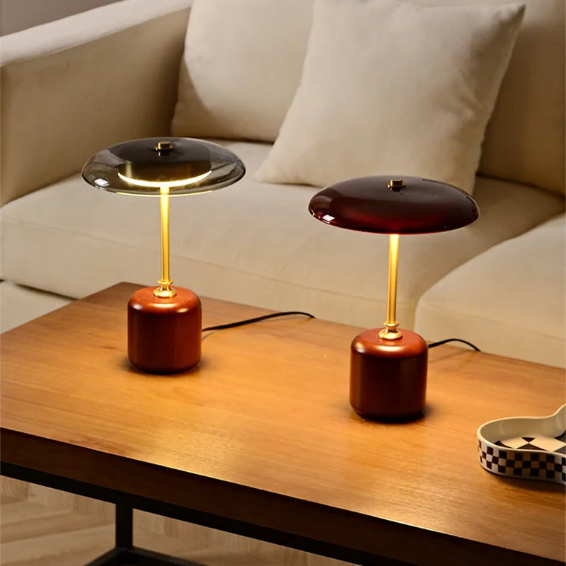 Lampe de Table Champignon LED - Élégance Lumineuse en Verre et Bois 1
