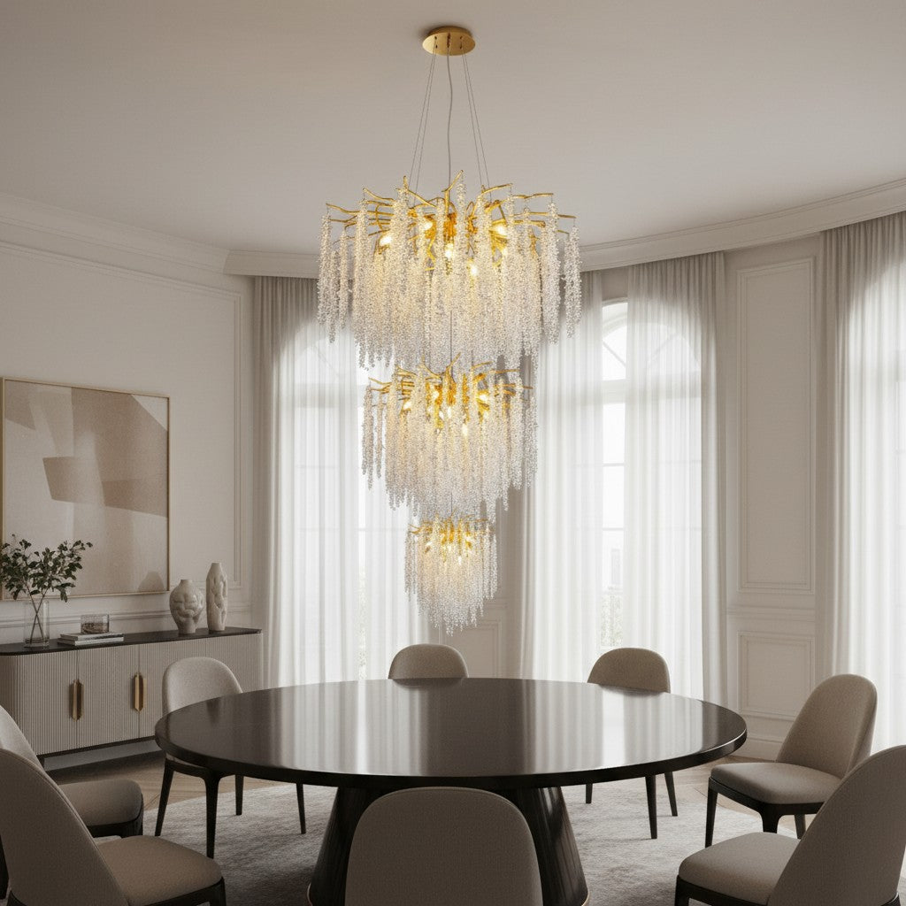 Lustre Arbre Glycine Blanc Avec Suspensions Longues Métal Doré