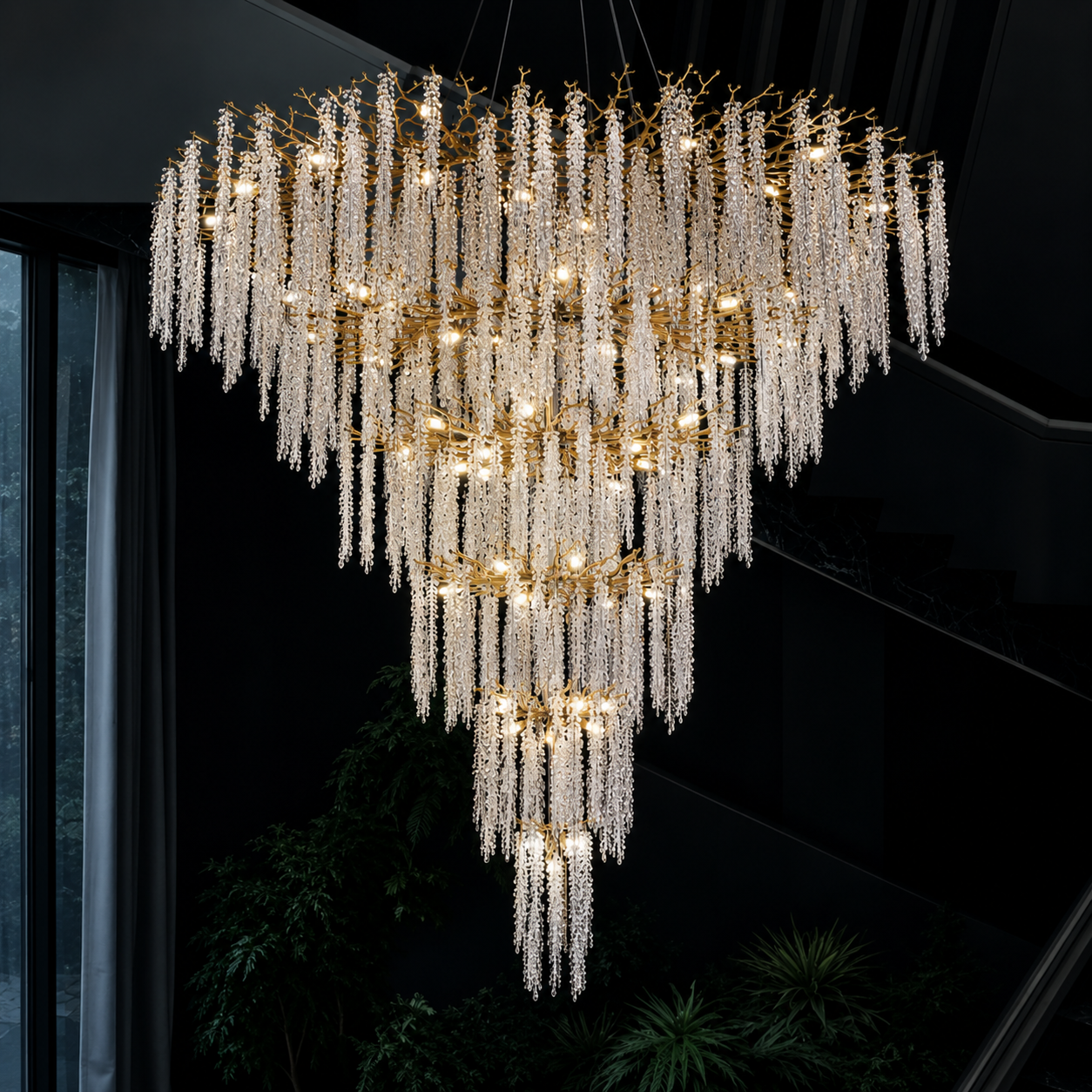 Lustre Cristal Arbre Glycine Blanc Transparent Pour Haut Plafond Luxe