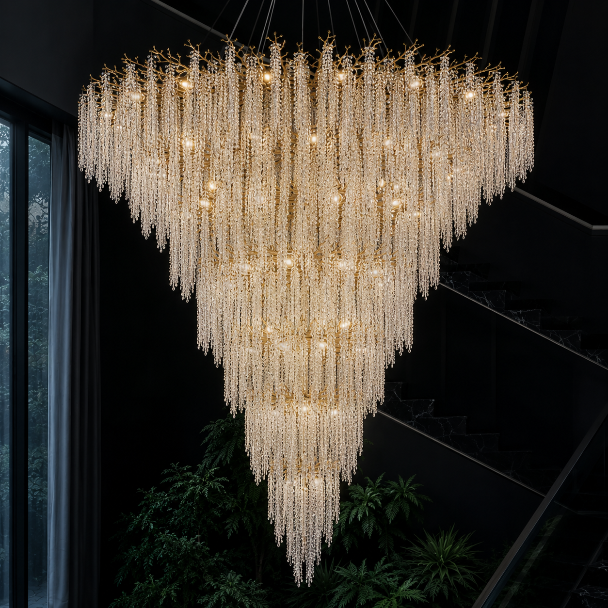 Lustre Cristal Arbre Glycine Blanc Transparent Pour Haut Plafond Luxe