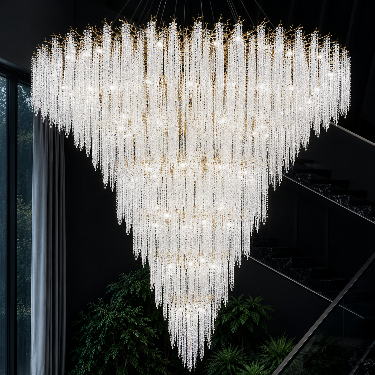 Lustre Cristal Arbre Glycine Blanc Transparent Pour Haut Plafond Luxe