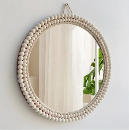 Miroir Rond Nordique Perles en Bois Blanc