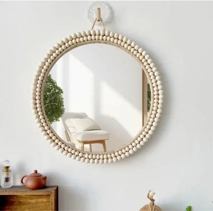 Miroir Rond Nordique Perles en Bois Blanc