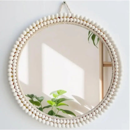Miroir Rond Nordique Perles en Bois Blanc